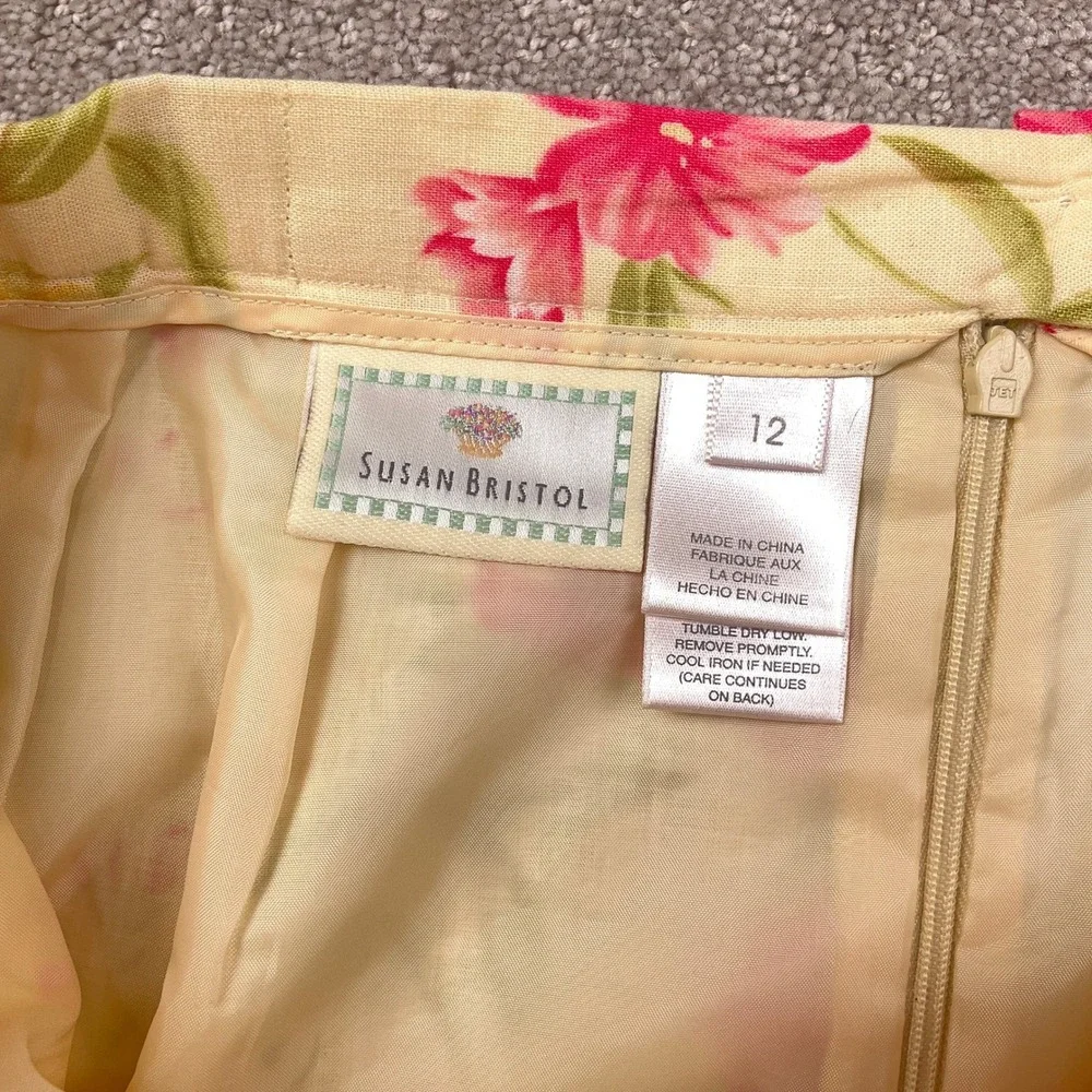 Susan Bristol‎ Skirt Women 12 Yellow Pink Floral Faux Wrap Linen Midi Summer